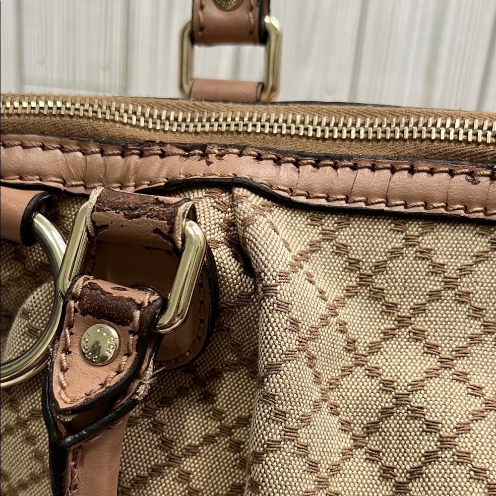 Gucci Beige Canvas Satchel Leather Trim Handbag - Picture 8 of 12